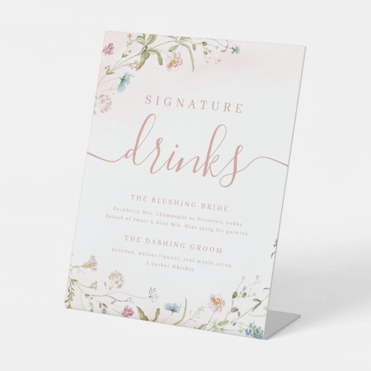 Roze Wildflower rustieke bruiloft Signature Drinke Reclamebord Met Voetstuk (Voorkant)