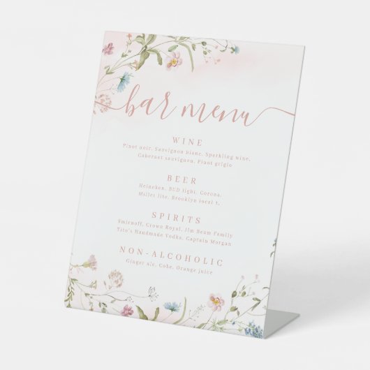 Roze Wildflower script rustieke Bar Menu Reclamebord Met Voetstuk (Voorkant)