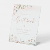 Roze Wildflower script rustieke bruiloft Gastenboe Reclamebord Met Voetstuk (Voorkant)