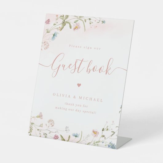 Roze Wildflower script rustieke bruiloft Gastenboe Reclamebord Met Voetstuk (Voorkant)