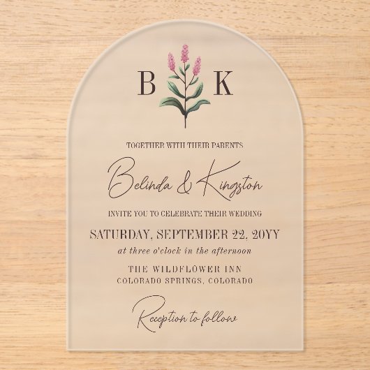 Roze Wildflower Spring Monogram Huwelijk Acryl Uitnodigingen (Voorkant)