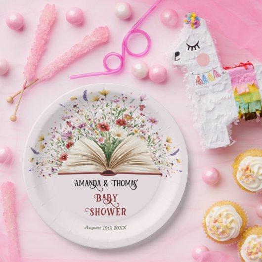 Roze Wildflower Storybook Blauw Baby shower Papieren Bordje (Feest)