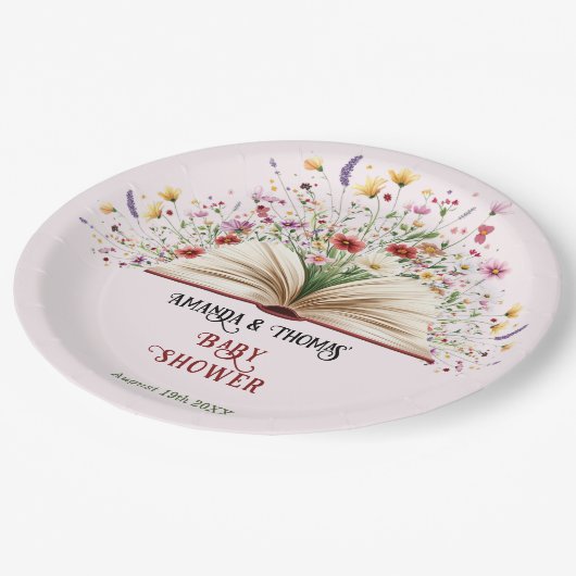 Roze Wildflower Storybook Blauw Baby shower Papieren Bordje (Gekanteld)