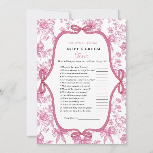 Roze Wildflower Tea bride & Groom Trivia Game Kaar Aankondiging (Voorkant)