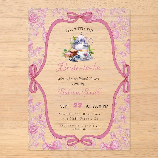 Roze Wildflower Tea Party Bruids Douche Uitnodigin Acryl Uitnodigingen (Voorkant)