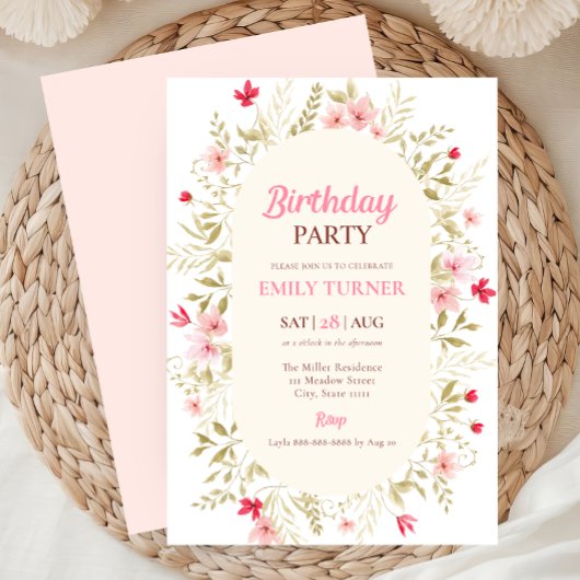 Roze Wildflower Verjaardag Uitnodiging