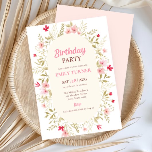Roze Wildflower Verjaardag Uitnodiging