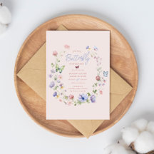 Roze Wildflower Vlinder Baby shower Invitation