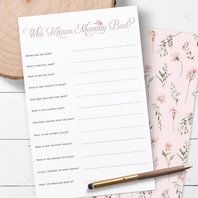 Roze Wildflower Wie kent mama beste douche spel (Little Wildflower baby girl shower games, who knows mommy best,)