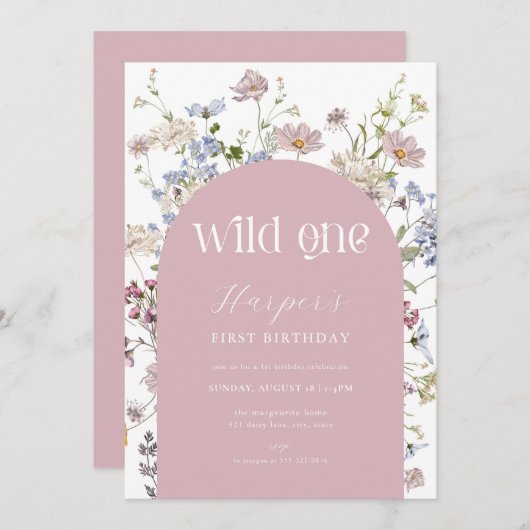 Roze Wildflower Wild Een 1e Verjaardag uitnodiging (Voorkant / Achterkant)