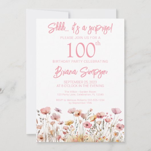 Roze Wildflowers 100e verrassingsverjaardagsfeestj Kaart (Voorkant)