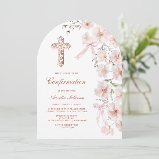 Roze Wildflowers en Bows Arch bevestiging Kaart (Staand voorkant)