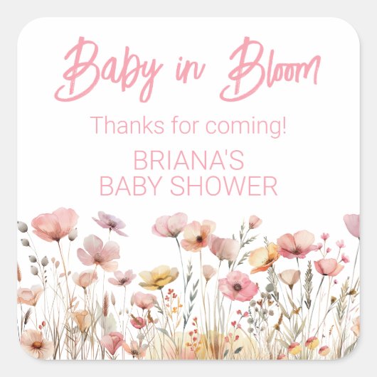 Roze Wildflowers Meisje Baby shower gunst Vierkante Sticker (Voorkant)
