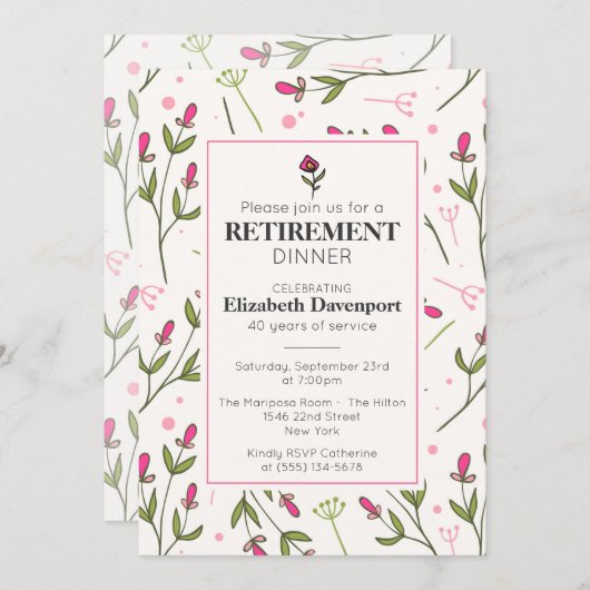  roze Wildflowers Pensioendiner Kaart (Voorkant / Achterkant)