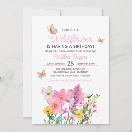 Roze Wildflowers Theme Girl's Birthday Kaart (Voorkant)