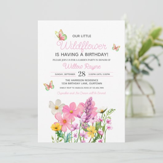 Roze Wildflowers Theme Girl's Birthday Kaart (Staand voorkant)