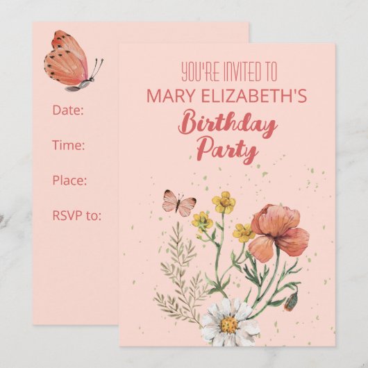 Roze Wildflowers Verjaardagsfeest Kaart (Voorkant / Achterkant)