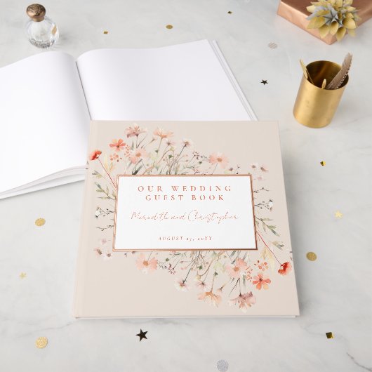 Roze Wildflowers Wedding Roos Gold Gastenboek (Voorkant open)