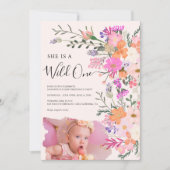 Roze Wildflowers Wild One Foto Eerste Verjaardag Kaart (Voorkant)