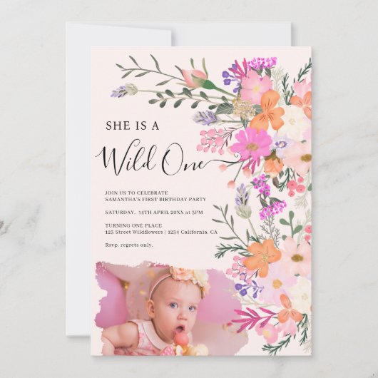 Roze Wildflowers Wild One Foto Eerste Verjaardag Kaart (Voorkant)