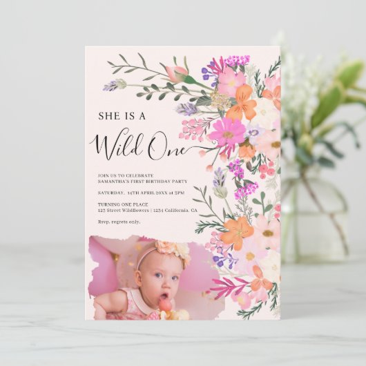 Roze Wildflowers Wild One Foto Eerste Verjaardag Kaart (Staand voorkant)