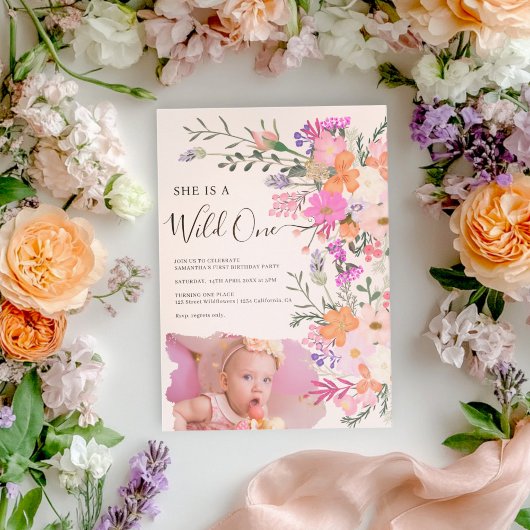 Roze Wildflowers Wild One Foto Eerste Verjaardag Kaart