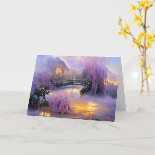 Roze wilgen bij zonsondergang bij de vijver kaart (Gele Bloem)