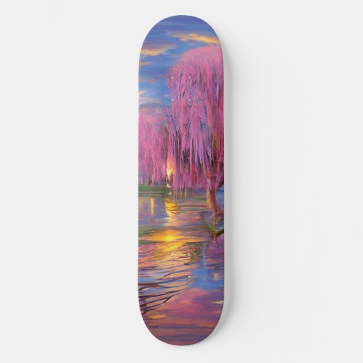 Roze wilgen bij zonsondergang door de vijver persoonlijk skateboard (Voorkant)