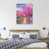 Roze Willow bomen bij zonsondergang door de vijver Canvas Afdruk (Insitu (Slaapkamer))