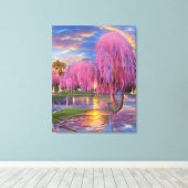 Roze Willow bomen bij zonsondergang door de vijver Canvas Afdruk (Insitu (Houten vloer))