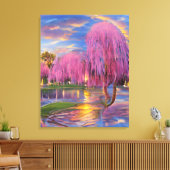 Roze Willow bomen bij zonsondergang door de vijver Canvas Afdruk (Insitu (Woonkamer))