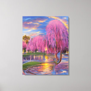 Roze Willow bomen bij zonsondergang door de vijver Canvas Afdruk