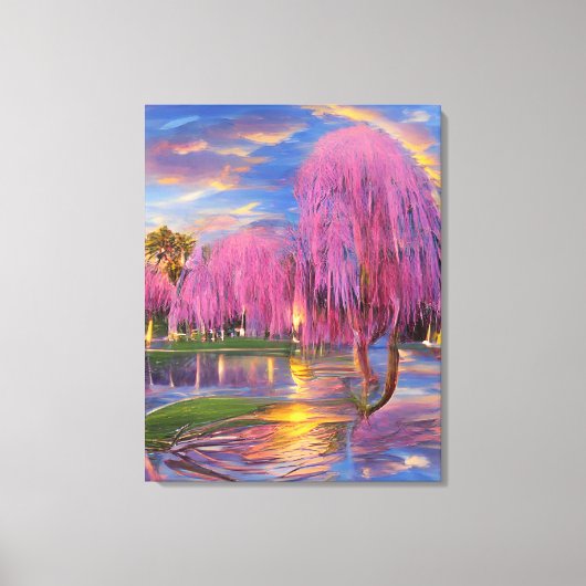 Roze Willow bomen bij zonsondergang door de vijver Canvas Afdruk (Voorkant)
