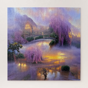 Roze Willow bomen bij zonsondergang door de vijver Legpuzzel