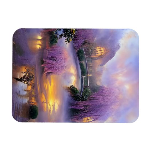 Roze Willow bomen bij zonsondergang door de vijver Magneet (Horizontaal)