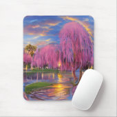 Roze Willow bomen bij zonsondergang door de vijver Muismat (Met muis)
