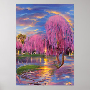 Roze Willow bomen bij zonsondergang door de vijver Poster