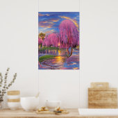 Roze Willow bomen bij zonsondergang door de vijver Poster (Keuken)