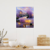 Roze Willow bomen bij zonsondergang door de vijver Poster (Keuken)