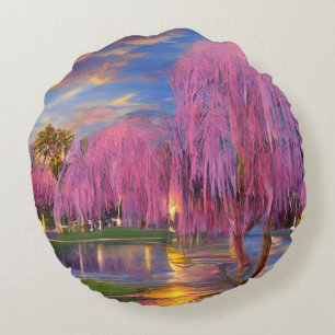 Roze Willow bomen bij zonsondergang door de vijver Rond Kussen