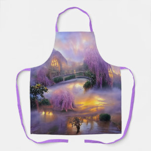 Roze Willow bomen bij zonsondergang door de vijver Schort