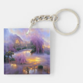 Roze Willow bomen bij zonsondergang door de vijver Sleutelhanger (Achterkant)
