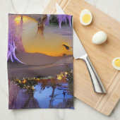 Roze Willow bomen bij zonsondergang door de vijver Theedoek (Quarter Fold)