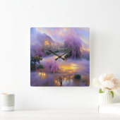 Roze Willow bomen bij zonsondergang door de vijver Vierkante Klok (Huis)