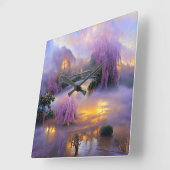 Roze Willow bomen bij zonsondergang door de vijver Vierkante Klok (Hoek)