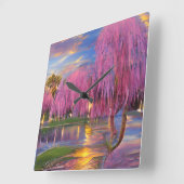 Roze Willow bomen bij zonsondergang door de vijver Vierkante Klok (Hoek)