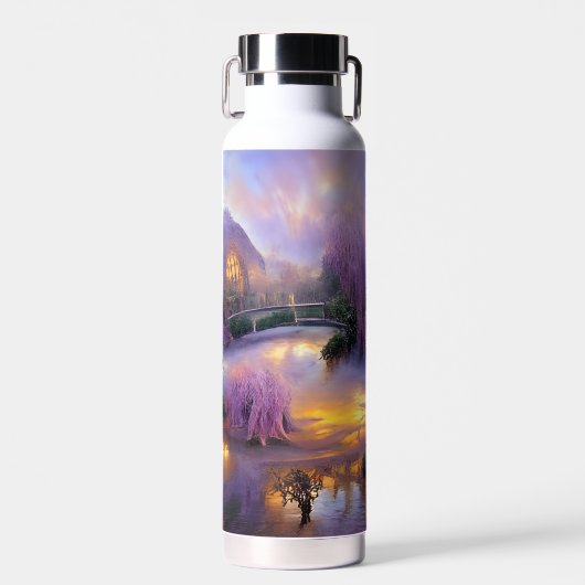 Roze Willow bomen bij zonsondergang door de vijver Waterfles (Voorkant)