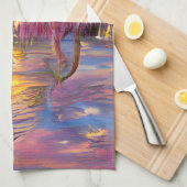 Roze Willow bomen op zonsondergang door de vijver Theedoek (Quarter Fold)