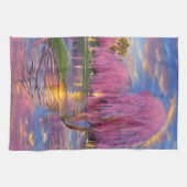 Roze Willow bomen op zonsondergang door de vijver Theedoek (Horizontaal)