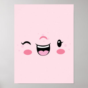 Roze Winkelende Kawaii Face Poster Afdrukken